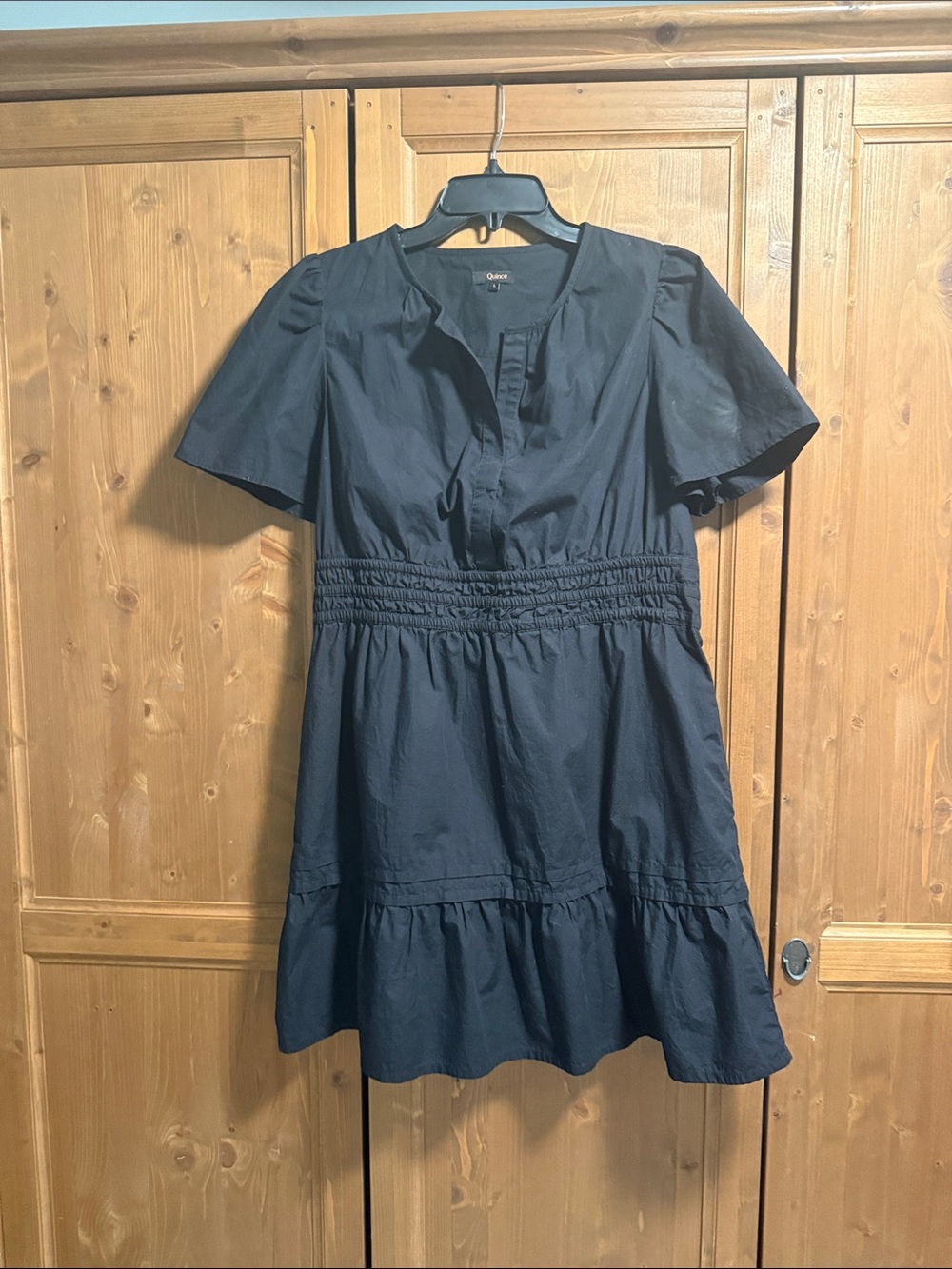 Quince Women’s Black Short Sleeve Smocked Waist Dress